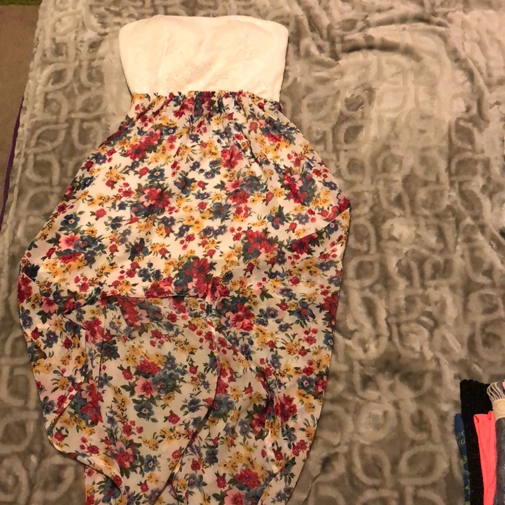 White and Floral Open Backed High Low Dress